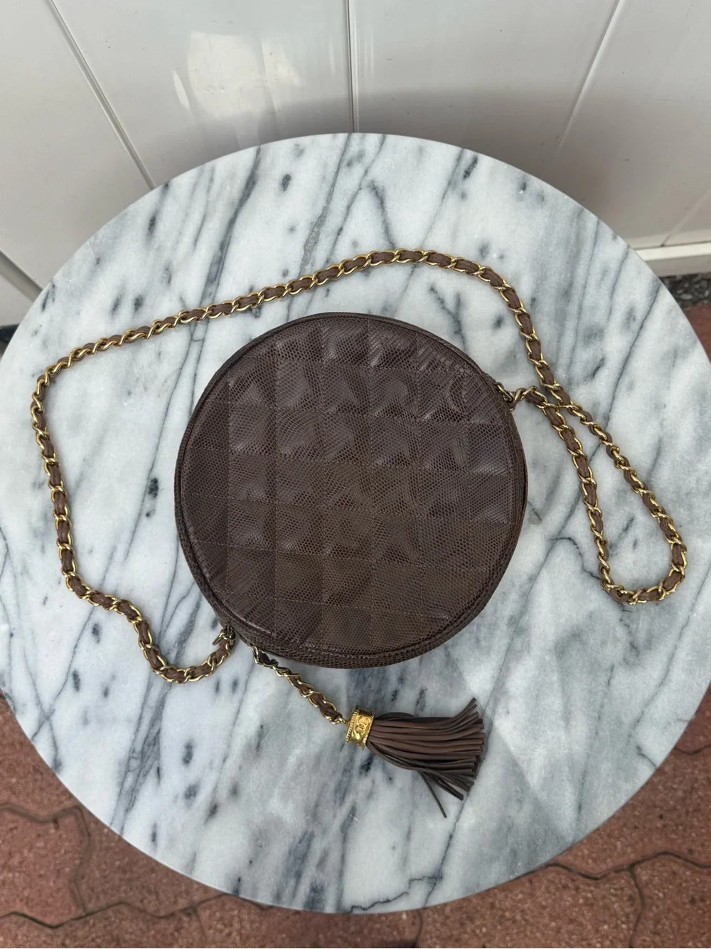 Vintage Chanel Brown Lizard ‘Round as Earth’ Shoulder Bag w/ Tassel Pre 1986